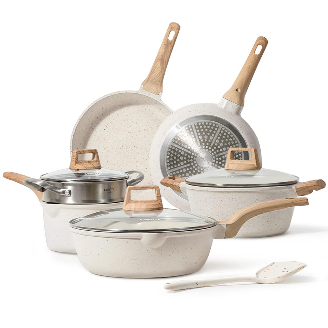 CAROTE Pots and Pans Set Nonstick, White Granite Induction Kitchen ... CAROTE Pots and Pans Set Nonstick, White Granite Induction Kitchen ...